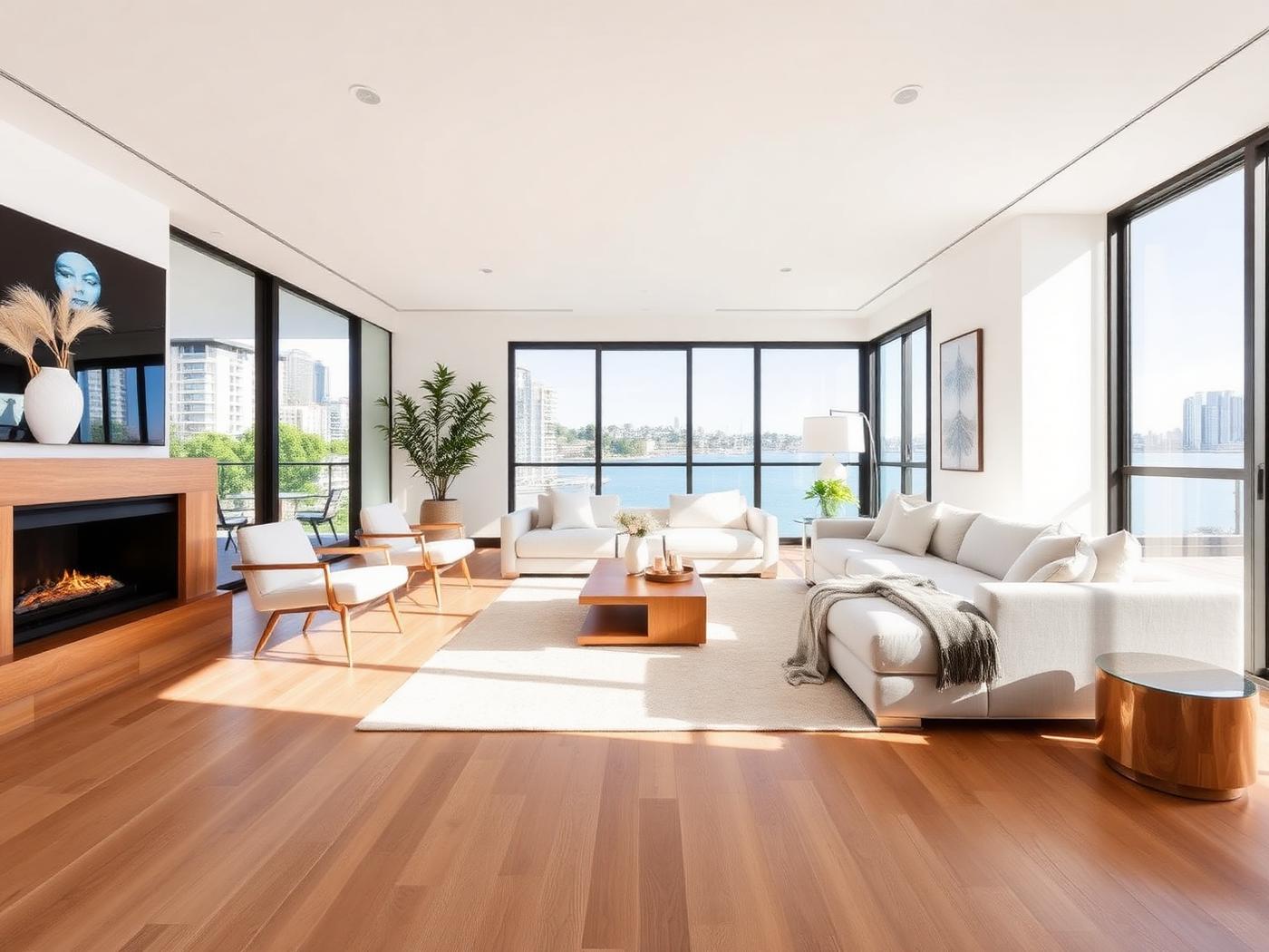 Wide-plank engineered oak installed in a Sydney harbourside living room