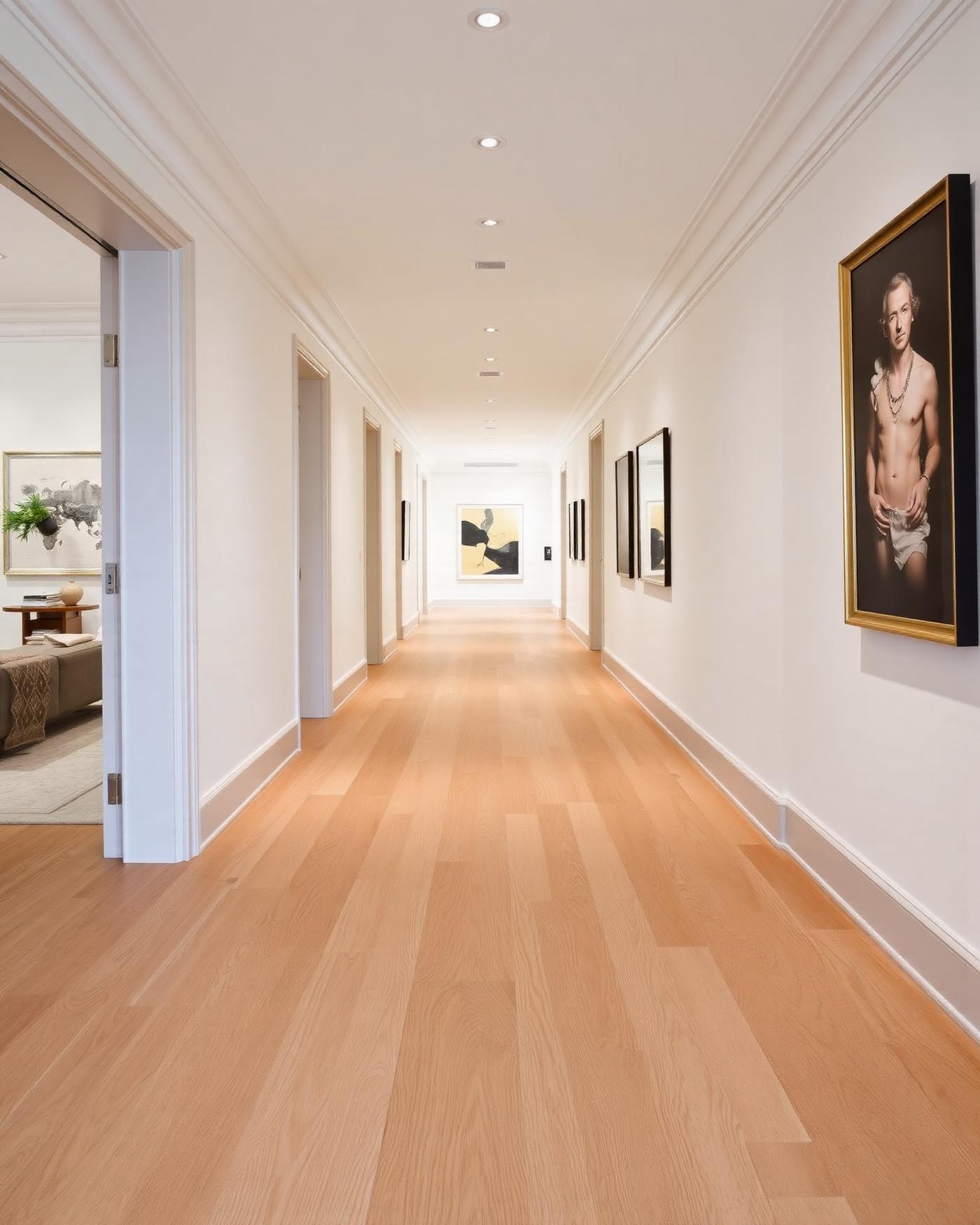 European oak floor flowing through a long luxury hallway
